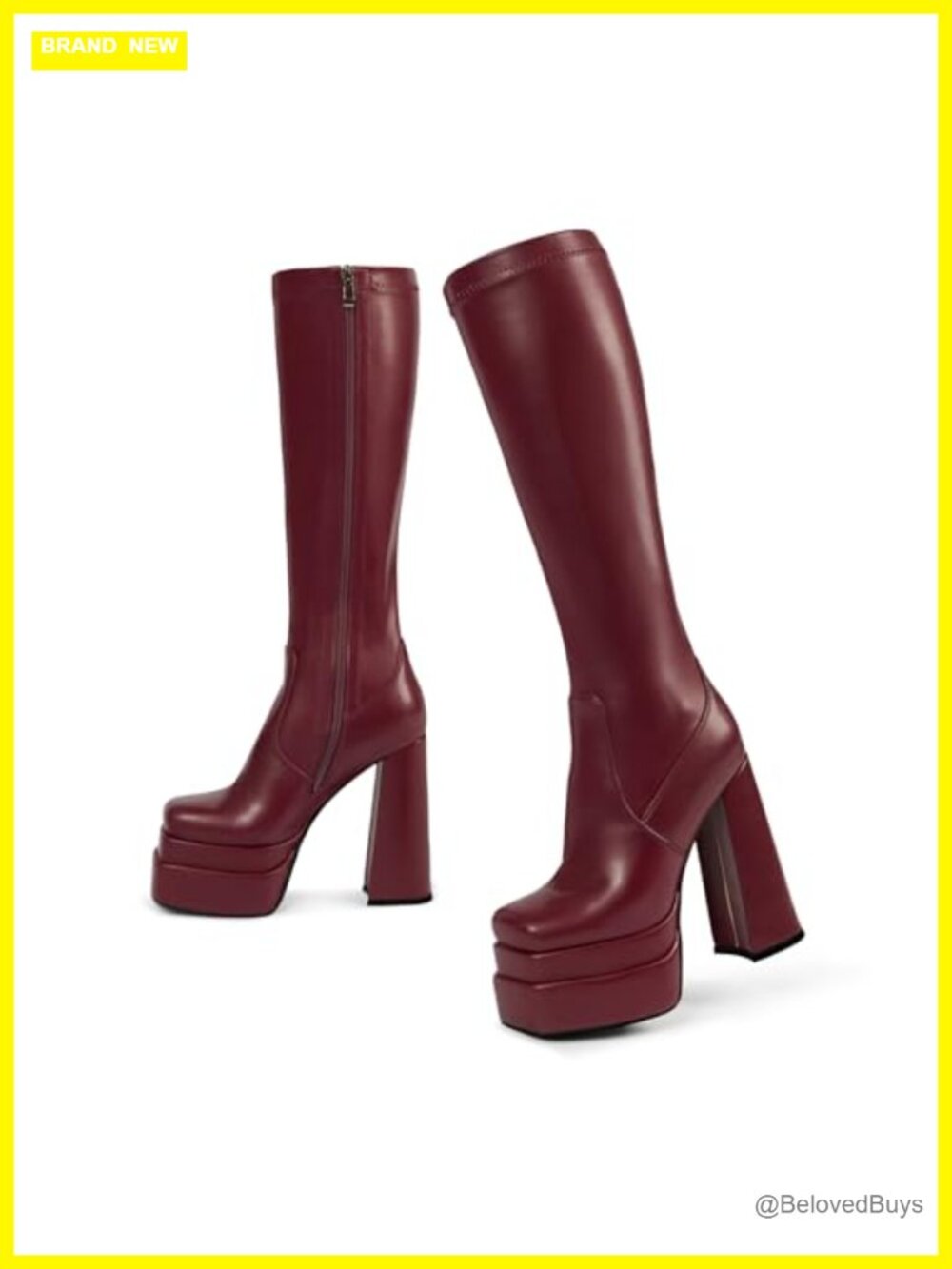 Wetkiss Platform Knee High Boots Faux Leather Chunky Heel Square Toe Womens